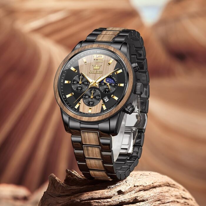Годинник чоловічий OLEVS 3645-schwarz+gelb: аналоговий кварц, дерев'яний ремінець, хронограф, водостійкий, з підсвічуванням