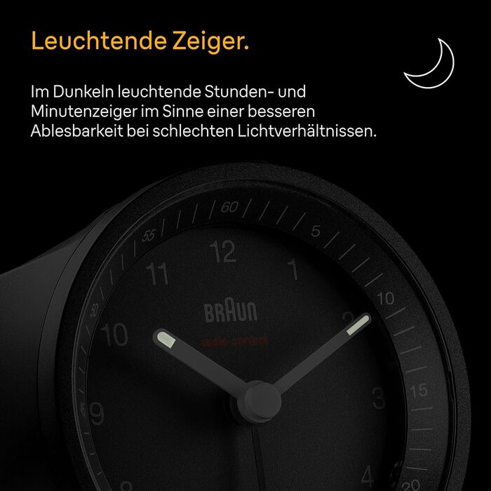 Classic analog radio alarm clock by Braun for the Central European Time Zone (CET/GMT+1) with snooze function and light, quiet movement, crescendo alarm in black, model BC07B-DCF