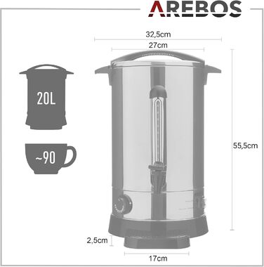 Arebos Glühwein Cooker 1650 W | Hot Beverage Dispenser | 20 L | with drip tray, tap, thermostat, and overheat protection | Temperature setting from 30-110 °C