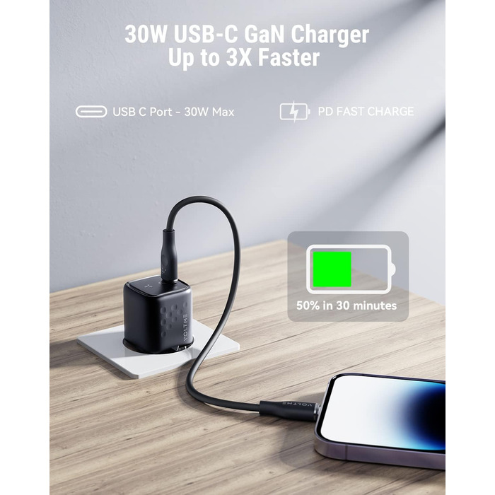 VOLTME зарядний пристрій USB-C 30W 2 шт. GaN, чорний: компактний адаптер живлення для iPhone 14/13, iPad, Android, Samsung, Huawei