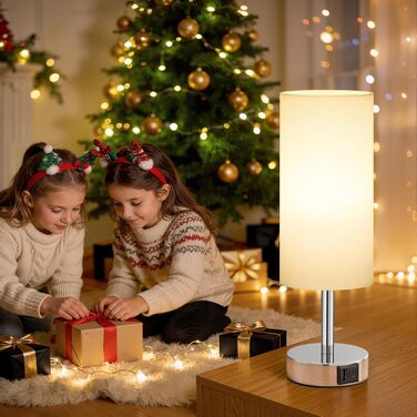 Нічна лампа з димером та USB зарядкою (Type-A + Type-C), тканинний абажур, біло-срібляста. Лампа для спальні, вітальні, дитячої, офісу (з лампочкою)