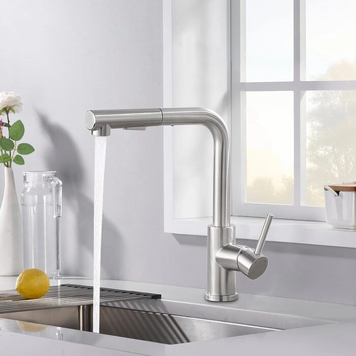 Кухонний змішувач висувний BONADE з душем, 360° поворот, змішувач для кухні з 2 струменями, з нержавіючої сталі, однорідний