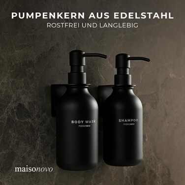 Шампунь MaisoNovo у пляшках для наповнення – дозатори для рідкого мила та гелю для душу, настінний монтаж – набір з 3 пляшок об'ємом 500 мл, янтарного кольору, з чорним дозатором (набір з 2 чорних дозаторів)