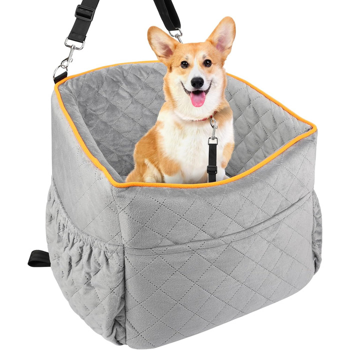 Memory Foam Dog Car Seat for Small Dogs (Under 11kg) - Elevated Design with Storage Pockets (Gray)