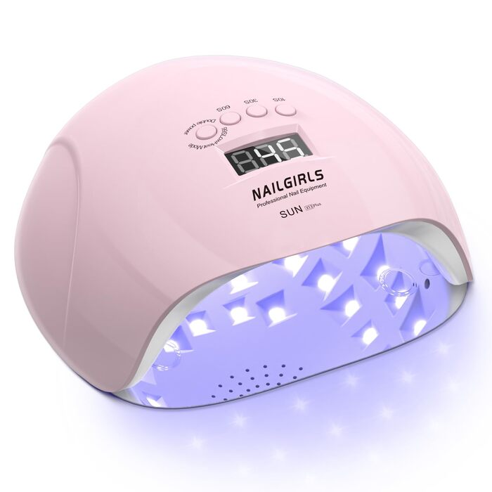 LED UV лампа для нігтів NAILGIRLS 150W з таймером, датчиком та LCD дисплеєм. Підходить для гель-лаку, пальців та нігтів. Рожевий колір.