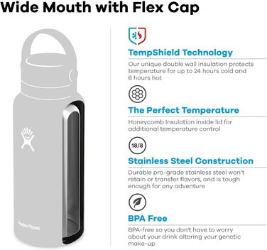 HYDRO FLASK - 1180ml (40oz) Water Bottle - Insulated Stainless Steel Water Bottle - Sports Bottle with Leak-Proof Flex Cap Lid & Strap - Dishwasher Safe Thermos - Wide Mouth Opening - (Fog, 1183 ml)