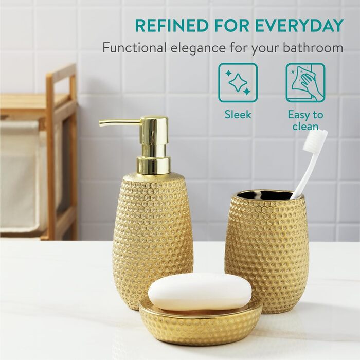 Набір для ванної кімнати Navaris Premium - елегантний набір аксесуарів (дозатор мила, мильниця, стакан для зубної пасти) - золото