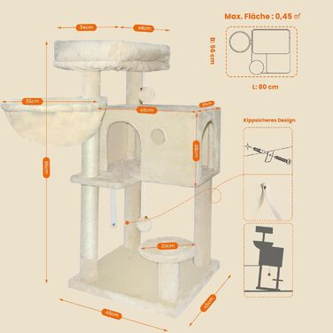 Котячий будиночок з дряпалкою, великі платформи, сизаль, пандус, будиночок для котів, м'ячі та щітка для котів, 95 см, бежевий