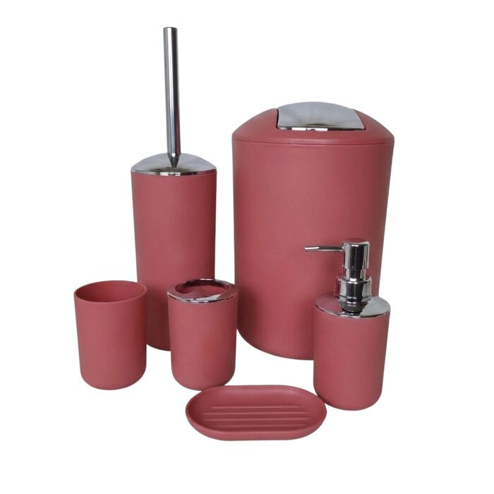 Набір аксесуарів для ванної кімнати 6 предметів, пластик, червоний: туалетний набір, кошик для сміття, стакан для зубних щіток, мильниця, дозатор для мила, декор