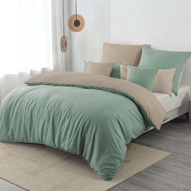 Комплект постільної білизни 135x200 4 частини з мікрофібри, двостороння, м'яка та практична, з блискавкою (135x200, 80x80) - Пастельно-зелений/Теплий бежевий