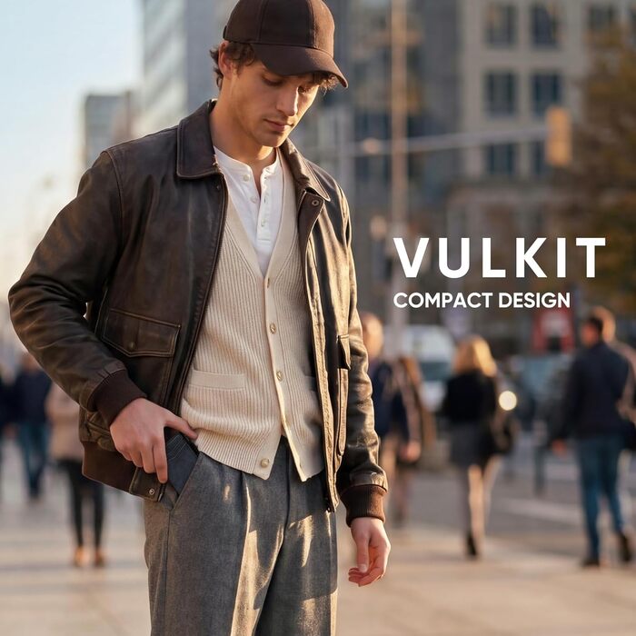 Гаманець-картхолдер VULKIT шкіряний RFID захист, автоматичний механізм для візиток та карток, темно-синій