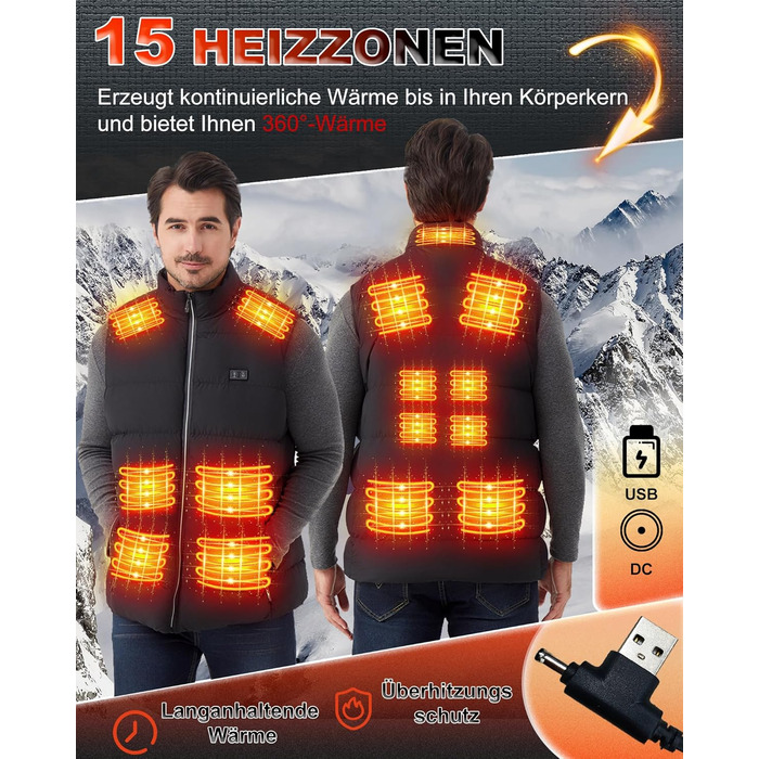 Електрична гріюча жилетка для чоловіків та жінок з 15 зонами нагріву - 3 режими температури, для активного відпочинку, катання на лижах, полювання, кемпінгу (без акумулятора), чорна, XXL