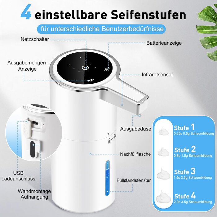 Автоматичний дозатор мила для стін, безконтактний, 400 мл, електричний, з сенсором, USB, перезаряджається, 1800 mAh, для ванної, кухні, офісу (піна, білий). Білий, піна