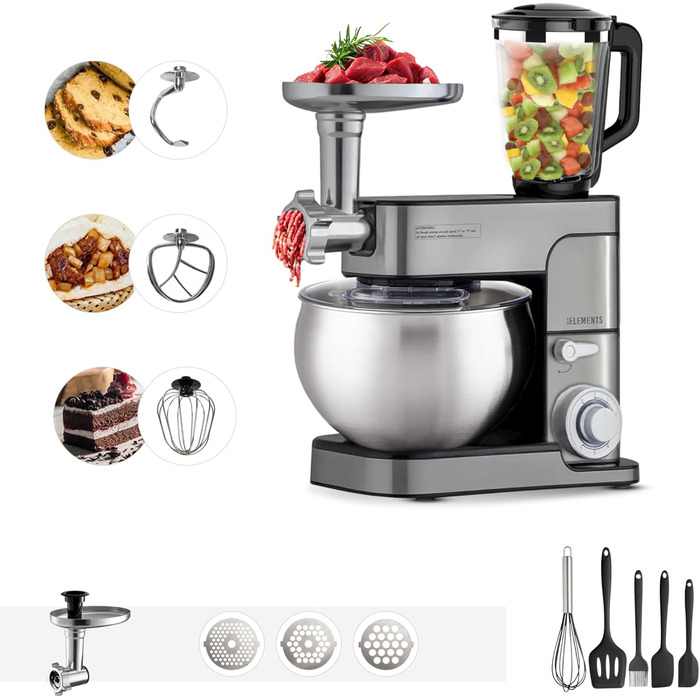 KB-ELEMENTS 3-in-1 Kitchen Machine 2500W, 8.5L, Meat Grinder, Dough Kneader, Food Processor, Mixer, Stand Mixer, Stainless Steel Kitchen Machine, 7L Stainless Steel Bowl, Multifunctional