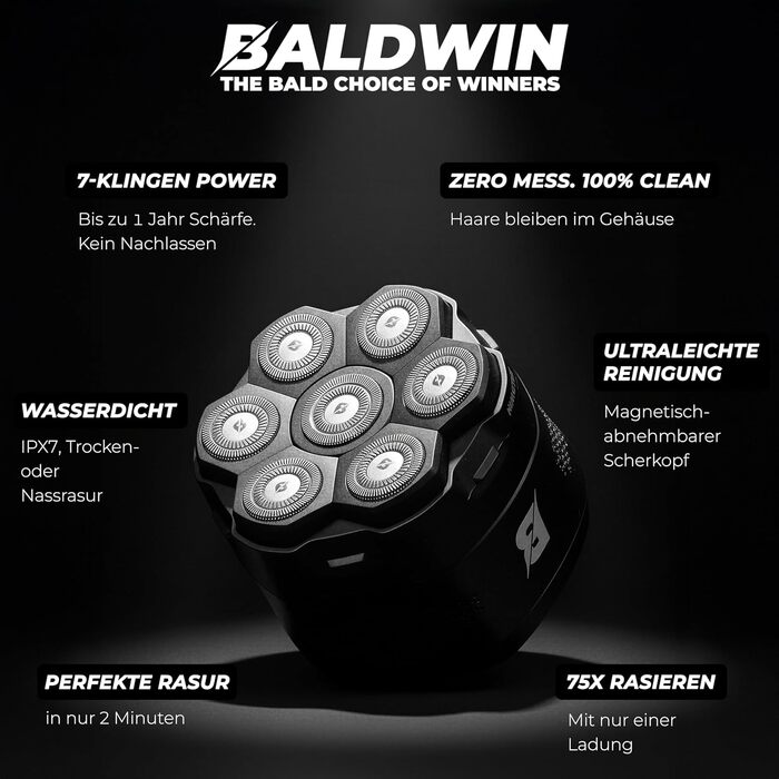 Бритва для гоління голови BALDWIN 7D з магнітною голівкою для чоловіків | Електробритва для лисих | Бритва для голови, сухе та вологе гоління, водонепроникна