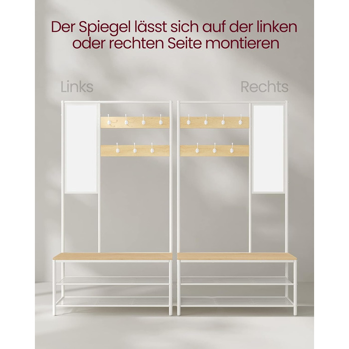 VASAGLE Clothes Rack, Coat Rack, Coat Stand with Hooks, Mirror, Bench, 35 x 98 x 180 cm, for Entryway, Bedroom, Living Room, Modern, Oak-White HSR415W09