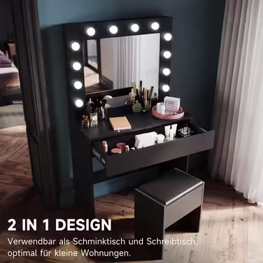 Туалетний столик SONNI з LED-підсвіткою, дзеркалом HD, 3 кольори, 10 рівнів яскравості, з шухлядами, чорний, 80x40x140 см – косметичний стіл для спальні