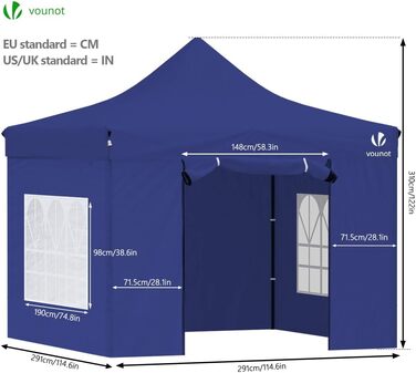 VOUNOT Gazebo 3x3m Waterproof, Stable, Winterproof, Pop-Up Folding Gazebo with 4 Side Walls and 4 Sandbags, Party Gazebo Folding Tent Party Tent, (Blue)