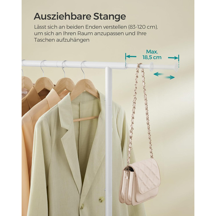 SONGMICS Clothes Rack with Wheels, Extendable Clothes Rod, Clothes Rail from Steel Pipes, Elevated Storage Rod, 40 x (83-120) x 156 cm, Cloud White HSR134W01