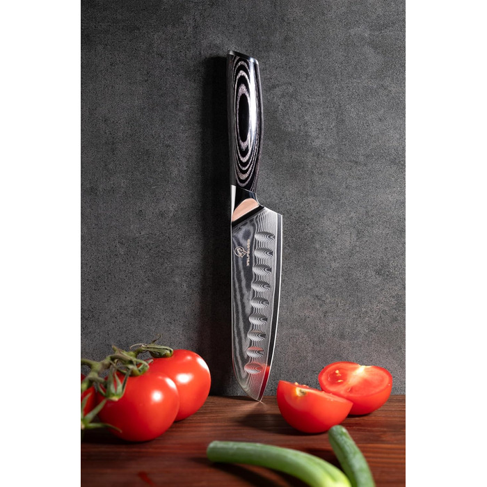 Ніж Wolfblood PRO Damast Santoku (23 см) з дамаської сталі 67 шарів - професійний кухонний ніж з дерев'яною ручкою, подарункова коробка та захист леза