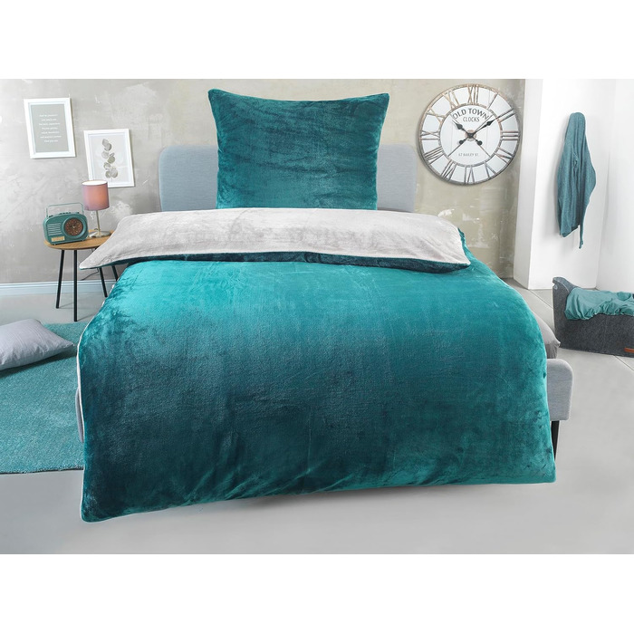 DreamHome Зимова двостороння плюшева постільна білизна 135x200 Nicky-Teddy Cashmere Touch Coral Fleece ковдра + наволочка 80x80, колір: смарагдово-сріблястий