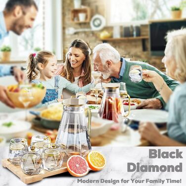 DUJUST Glass Giraffe Decanter with Lid, 2 Liter, with 4 Cups, 1 Tray, Water Pitcher in Modern Black Diamond Design, Decoration for the Living Room, Heat-Resistant Glass Carafe Pitcher for Iced Tea/Milk/Coffee