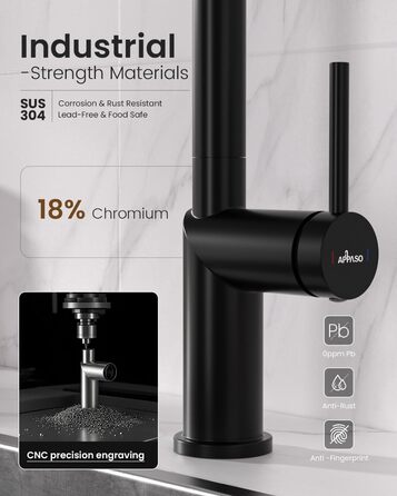 Кухонний змішувач Appaso, висувний, чорний, з 2 режимами струменя, 360° поворот, для кухні | Нержавіюча сталь, матовий чорний