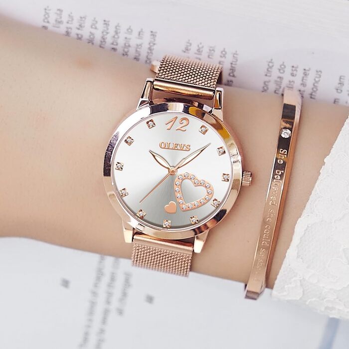 Годинник жіночий OLEVS Roségold: стильні годинники з нержавіючої сталі з мережевим ремінцем, водонепроникні, з діамантовим серцем (білий циферблат/рожеве золоте браслет)
