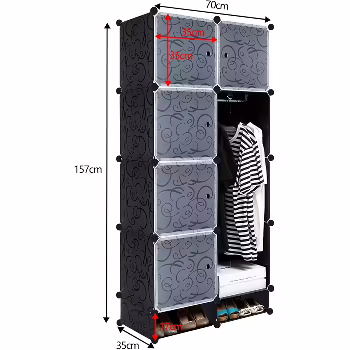 NAIZY Wardrobe Black DIY Plastic Shelf System Closet Organizer with Door, Plug-in Shelf System, Plastic Cabinet (16 Cubes, with 2 Clothes Rails) (8 Cubes, with Shoe Cabinet)