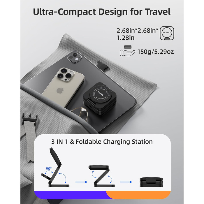 Зарядний пристрій KU XIU X55 Turbo Qi2.2 25W 3-в-1 для Apple Watch, iPhone 17-12 та AirPods, магнітний складаний стенд, адаптер 45W (Чорний)