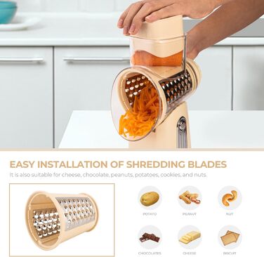 Тертка для овочів STEAS з ручкою - терка для сиру, овочів, фруктів з 5 насадок, міцним присоском, контейнером для ножів (Бежева)