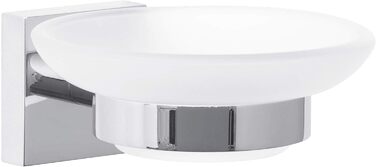 tesa EKKRO Soap Dish with Wall Holder, Satin Glass and Chrome-Plated Stainless Steel - for wall mounting without drilling, incl. adhesive solution - 110mm x 51mm x 131mm