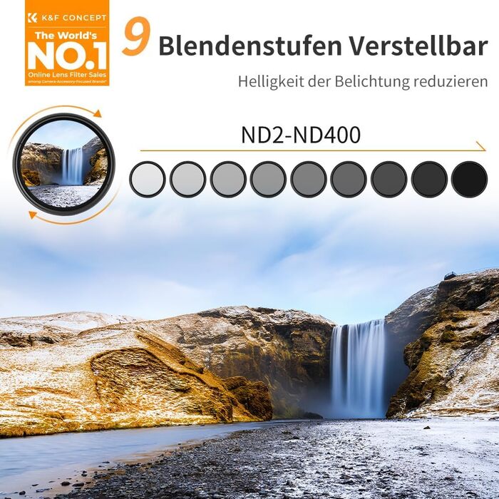 Фільтр ND Variabler K&F Concept 55mm (ND2-ND400) для фотографії пейзажів (Nano-Basic Series) з 3 серветками для чищення