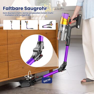 Бездротовий акумуляторний пилосос A12 з функцією миття підлоги, 8-в-1, 48Kpa, 550W, 70 хвилин, з сенсорним екраном, об'єм контейнера 1,5 л, док-станція для стін, підходить для килимів, авто, шерсті тварин, фіолетовий