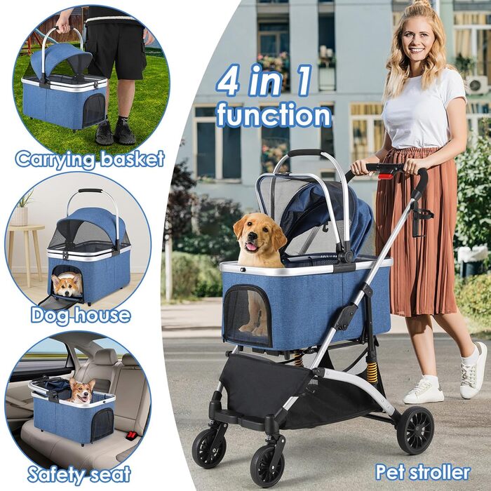 Візок для собак Mamizо 3-в-1: візок, переноска, сумка, до 20 кг, з відкидною конструкцією, 360° колеса, колір срібно-блакитний