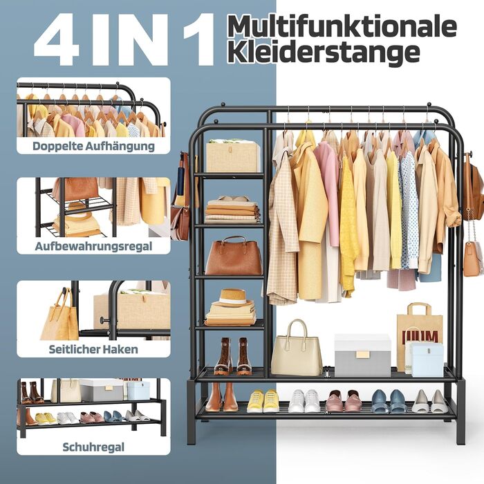 Вішалка для одягу в спальню та вітальню, подвійна, чорна - міцна конструкція 100 кг, з полицями для зберігання