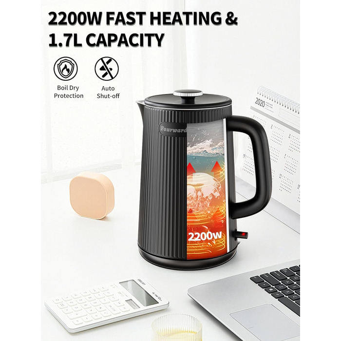 Електричний чайник Fourward - чорний, 1.7л, 2200W, з нержавіючої сталі, BPA-free, подвійні стінки