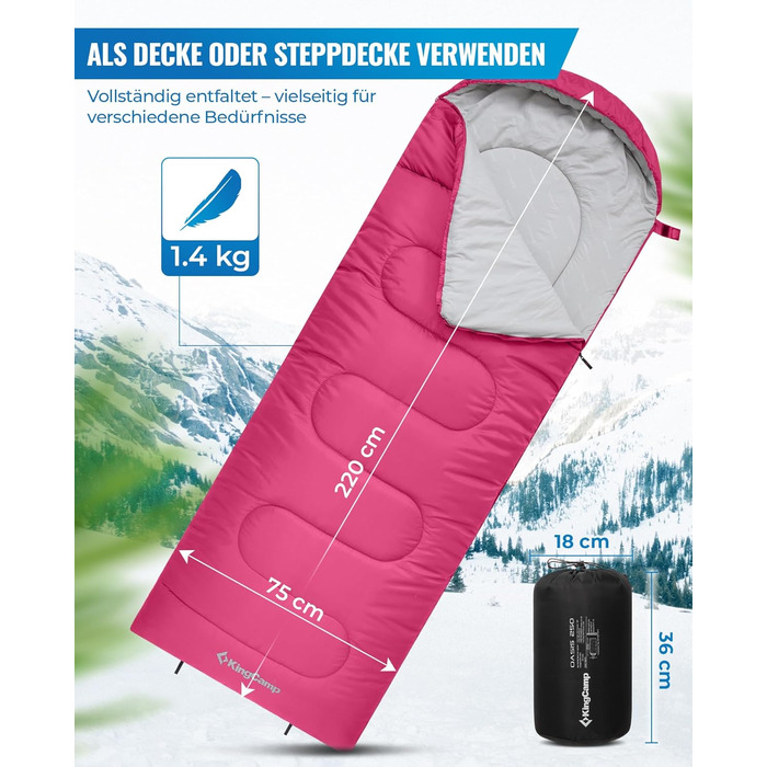 Сплячий мішок KingCamp Oasis для кемпінгу, 3-4 сезони, водовідштовхувальний, легкий, для дітей та дорослих, рожевий, Zip 220×75 см