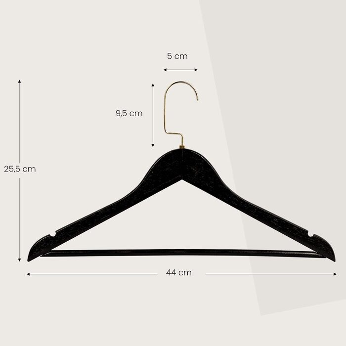 Набір дерев'яних вішаків для одягу RSR-Hangers (10 шт), 44.5 см, з перекладиною для штанів та поворотним золотистим гачком, чорні