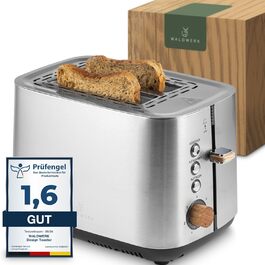 WALDWERK Design Toaster - made from 304 stainless steel and oak wood - for 2 slices - with bagel attachment - with extra wide and deep toasting chambers - with crumb tray Toaster stainless steel and wood