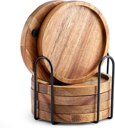 Acacia wood coasters with holder, wooden coaster set for glasses (6-piece), coasters for drinks, bar, cups, glass