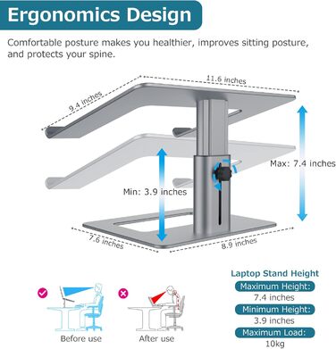 Підставка для ноутбука GOKEDA, регульована, ергономічна, з алюмінію, сумісна з MacBook, Dell, HP, Lenovo, Samsung (11-17 дюймів), сіра
