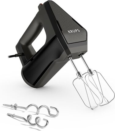 Krups GN6028 3MIX 6000 Hand Mixer | 600 W | Precise Control | Soft-Touch Handle | Long Cord | Practical Speed Control | Includes Whisk and Dough Hook | Black