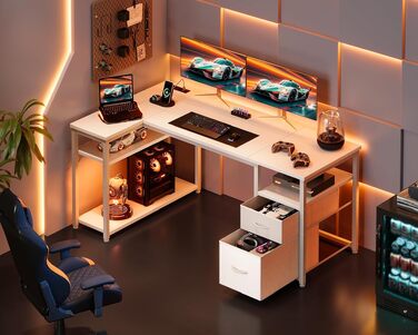 Ігровий кутовий стіл Coleshome з 2 шухлядами, 140×80 см, білий — комп'ютерний стіл для геймерів