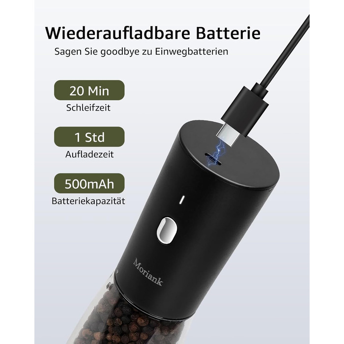 Electric Salt and Pepper Grinder Set of 2, USB Rechargeable Stainless Steel Electric Pepper Grinder with Adjustable Coarseness, Large Capacity, Elegant Storage Base