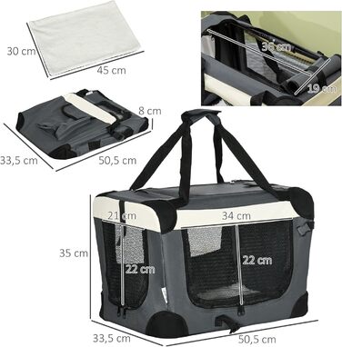 PawHut Складана переноска для собак, 50.5 x 33.5 x 35 см, сіра, 50.5 л