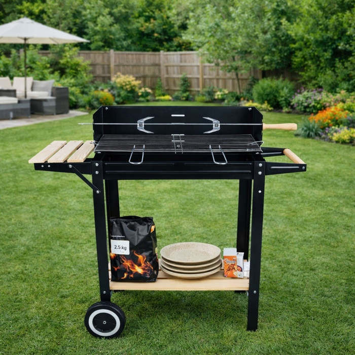 Великий вугільний садовий гриль BBQ XL на колесах з регулюванням та рожном