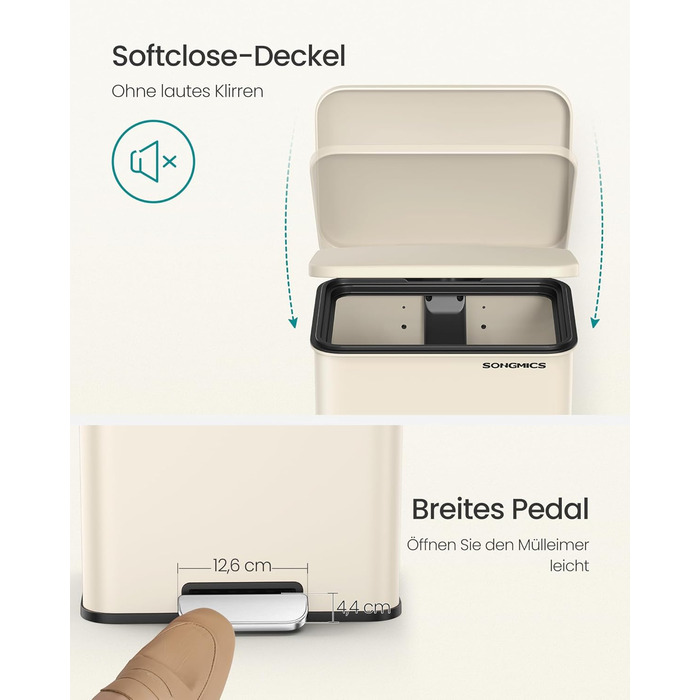 Відро для сміття SONGMICS 40 л, сталеве, з м'яким закриттям, з мішками, пісочно-бежеве (LTB540A02)