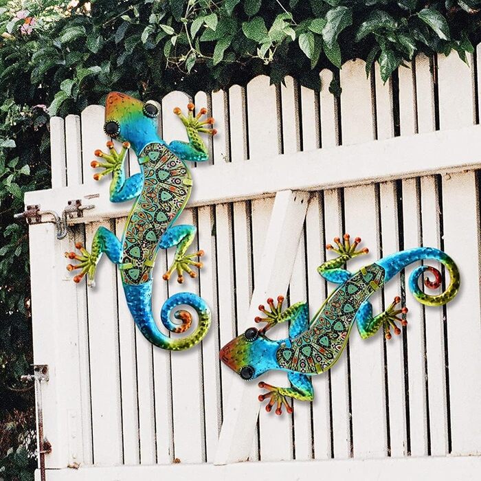 HONGLAND Metal Gecko Wall Decoration, Lizard, Garden Art, Colorful Glass Sculpture for Hanging, for Indoor and Outdoor Use, Patio, Fence (Symphony), 2 Pieces