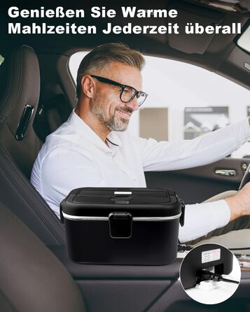 AUTOPkio Electric Lunch Box 1.8L 80W, 12V 24V 220V Large Heated Food Warmer with Bag, Stainless Steel Fork, Spoon for Car, Truck, Office (Black)